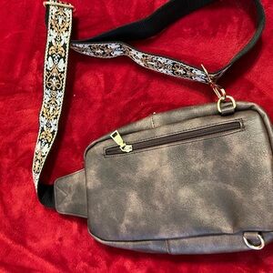 Quilted Brown Belt Bag with Patterned Strap